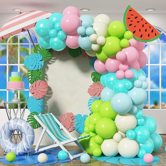 Summer Tropical Balloon Arch Kit Hawaiian Pearl Teal Blue Lime Green Pastel Pink Blue Ivory Colorful Balloons Garland for Hawaiian Luau Aloha Pool Beach Birthday Baby Shower Party Decorations