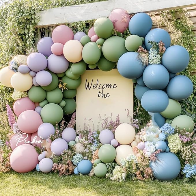 Blue Green Pink Balloon Garland Double Stuffed Sage Green Dusty Blue Pink Purple Lavender Balloons Pastel Balloon Arch Kit for Birthday Baby Shower Gender Reveal Fairy Tea Party Decorations