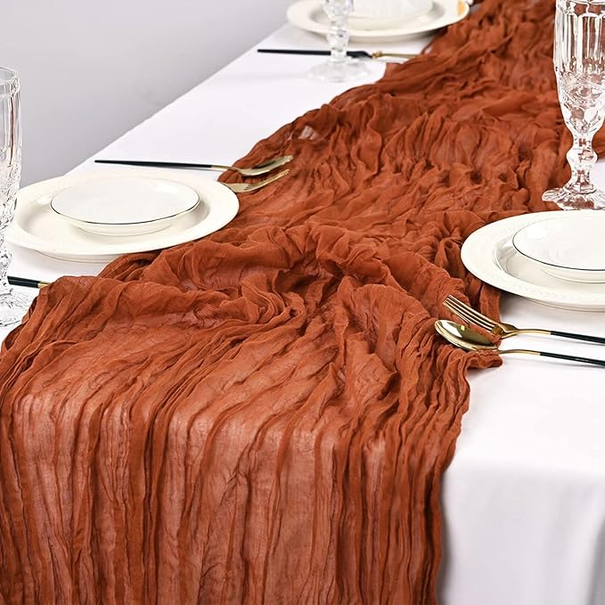 10PCS Terracotta Cheesecloth Table Runner 10ft Boho Gauze Fabric Cheese Cloth Table Runner Comes with 10 Cloth Napkins Runner for Romantic Wedding Birthday Shower Party Table Decoration