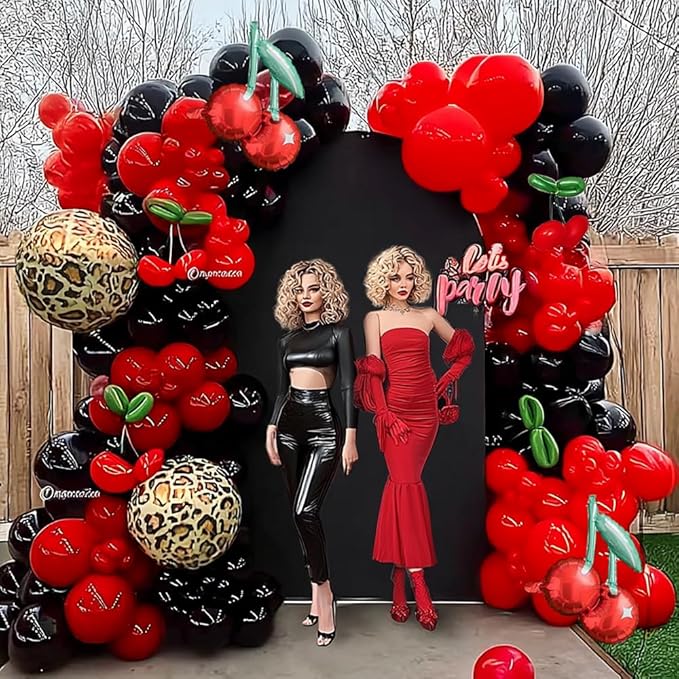 Red Black Balloon Arch Kit, Double Stuffed Black Burgundy Ruby Red Balloon Garland Foil Cheetah Print Balloons for Cherry Birthday Bachelorette Baby Shower Halloween Party Decorations