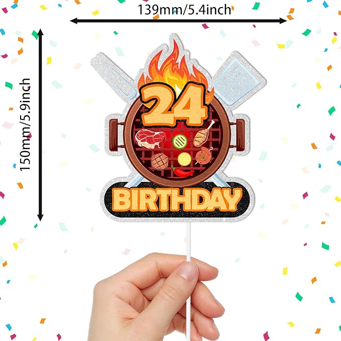 Barbecue Cake Topper 24th Birthday Happy BBQ Sausage Decorations for Men and Women Birthday Party, Summer Outdoor Picnic Party, Anniversary Friends Family Event Gathering Cooking Grill Decoration