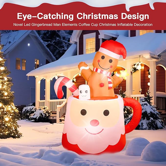 6FT Gingerbread Christmas Inflatables Decorations Outdoor，Blow Up Christmas Decoration Gingerbread Man Mug with Built-in LEDs Lights for Indoor Holiday Party Yard Garden Lawn Décor