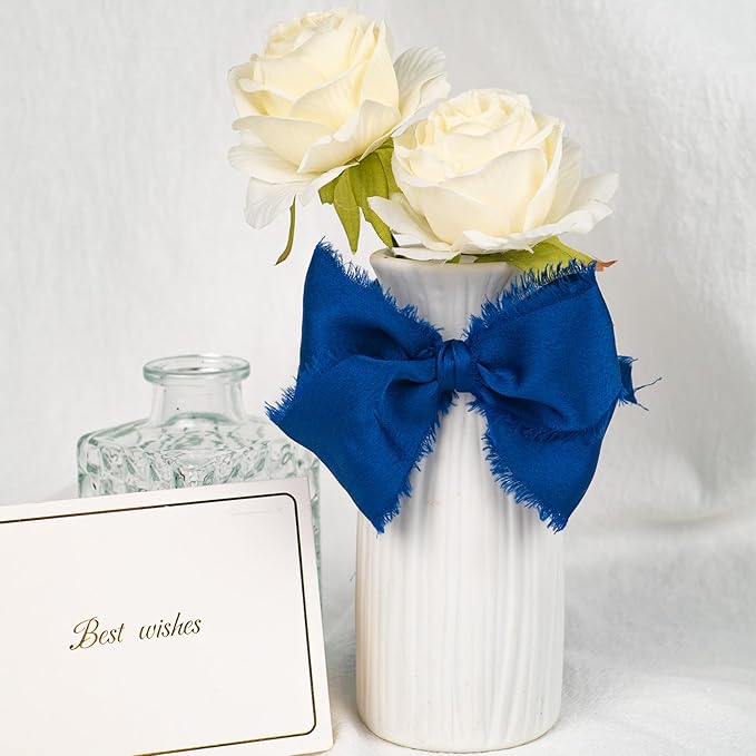 Satin Silk Ribbon, Royal Blue Ribbon for Wrapping, 1-1/2 inch x 15 Yd Handmade Frayed Fringe Ribbons, for Wedding Engagement Graduation Showers Crafts Bouquets Invitation Decor, 3 Rolls