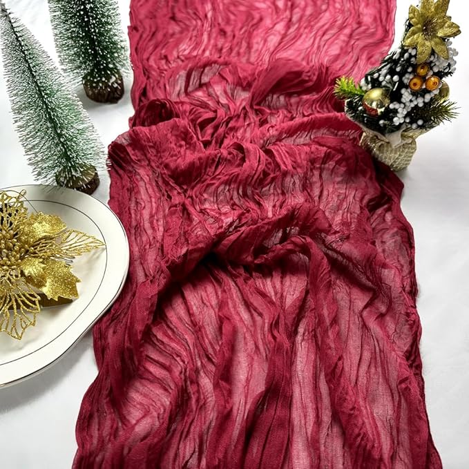 Booque Valley Christmas Table Runner 3 Pack Burgundy Cheesecloth 10ft Soft Boho Wrinkled Decorative Gauze Sheer for Holiday Party Baptism Wedding Centerpiece Table Decor, 35x120 Inch