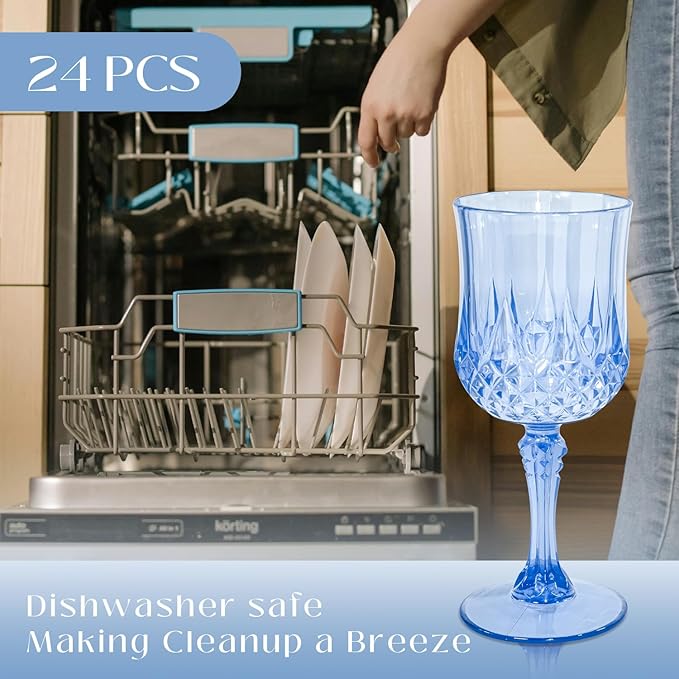 48 PCS Blue Plastic Wine Glasses 7oz, Reusable Drinkware Vintage Plastic Goblets for Parties Baby Shower Wedding Reception Grand Event Party, Blue