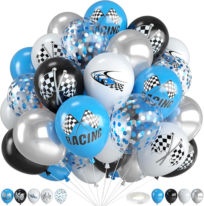 Race Car Balloons,12 Inch Checkered Flag Print Balloons and Blue Silver White Confetti Balloon for Boys Racing Car Birthday Baby Shower Fast Transportation Party Decorations