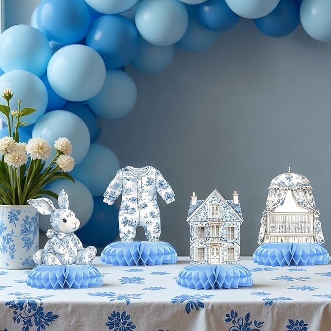 Blue Toile de Jouy Baby Shower Table Centerpieces – 12 PCS Classic French Nursery Honeycomb Decorations, Vintage Blue & White Boy Shower Table Décor