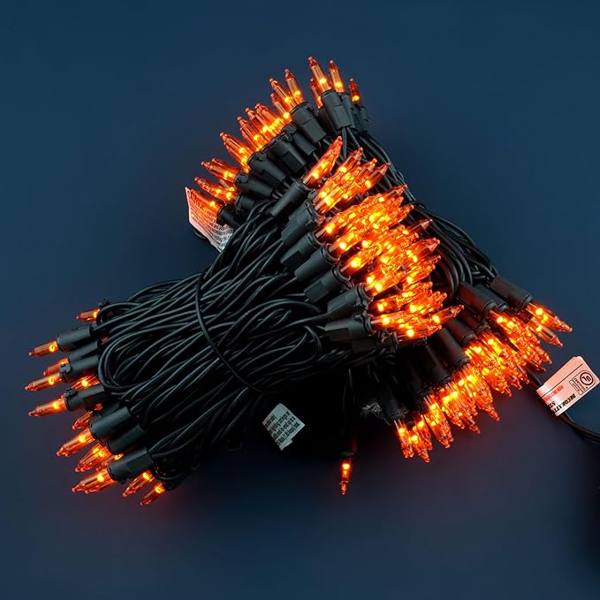 YULETIME Orange String Lights with Black Wire, 66 ft 200 Count UL Certified Christmas Light, Pack of 2 Sets 33 ft 100 Light Set for Halloween Fall Holidays (Orange)