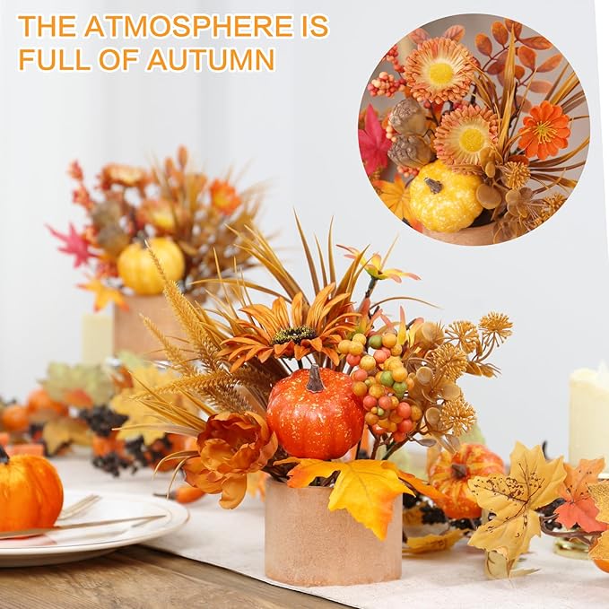 2PCS Fall Decor, Artificial Maple Leaves Pumpkin Berry Table Decorations, for Home Autumn Harvest Halloween Thanksgiving Holiday Party Table Centerpieces Fireplace Decor.