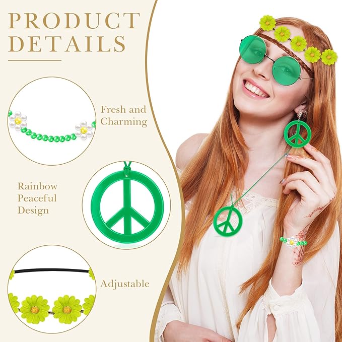 Batiyeer 6 Pcs Hippie Costume Accessories Set, Boho Peace Sign Daisy Flower 60s 70s Party Favors Decor for Groovy Party Women(Green)