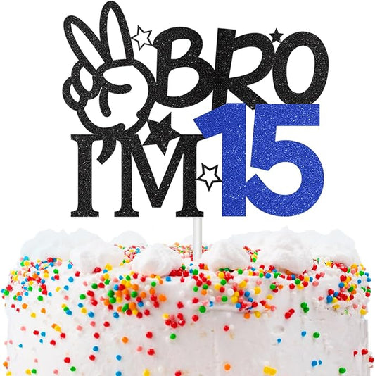 Bro I'm 15 Cake Topper, 15th Birthday Decorations for Boy, Glitter Funny 15th Birthday Cake Topper, Big Brother 15 Year Old Birthday Party Decoration Supplies
