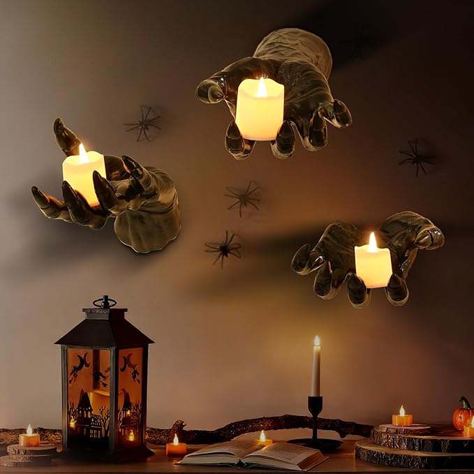 Halloween Decorations Indoor Gothic Decor: Pack of 3 Wall Mounted Creepy Reaching Hands with Lighted Candles for Gothic Wall Decorations