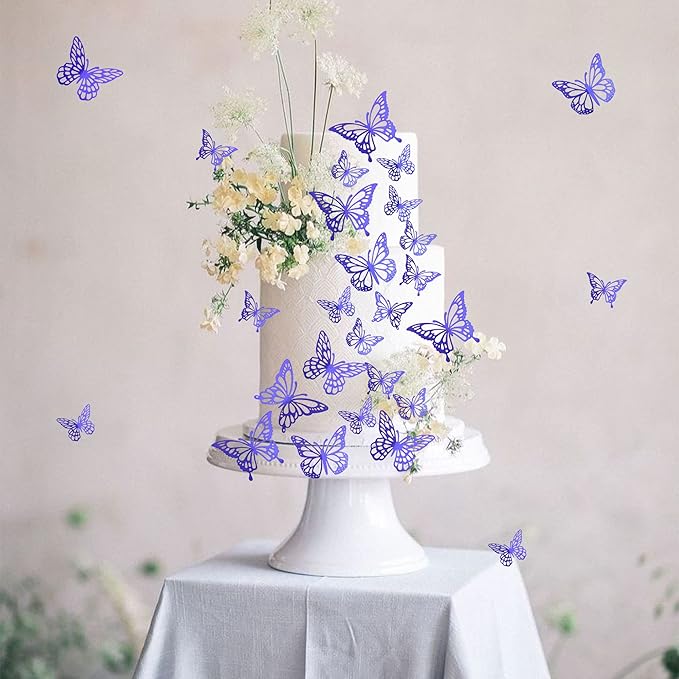 40 PCS Laser 3D Butterfly Cupcake Toppers - Hollow Arts Cake Decorations for Baby Shower, Wedding, Fairy Birthday Party Supplies - Wall Sticker Decoration Mixed Styles Dark Blue