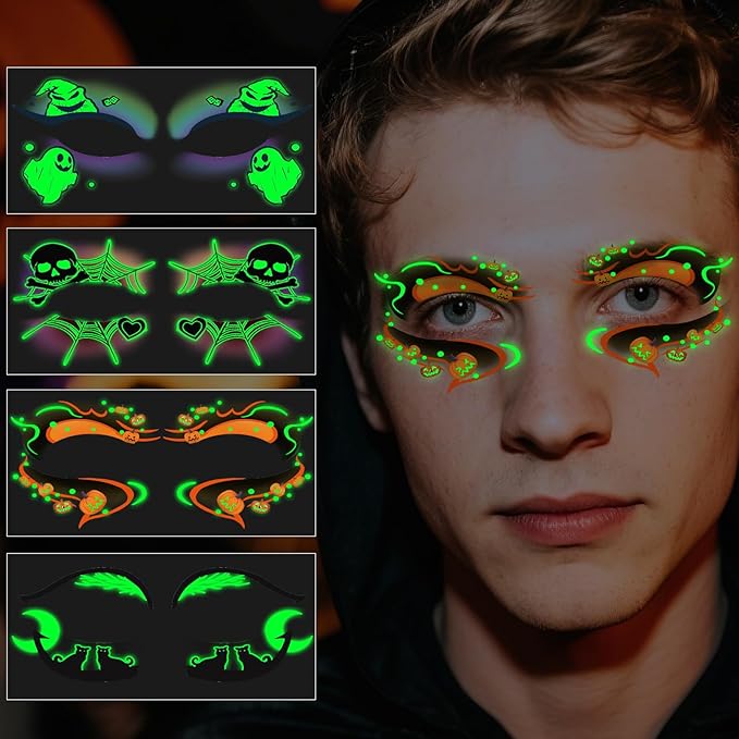 24 Pairs Halloween Luminous Eye Shadow Temporary Tattoos, Eyeliner Tattoo Stickers Spider Web Bat Pattern, Glow in the Dark Eyeliner Fake Tattoos for Women Men Eye Makeup Halloween Party Supplies