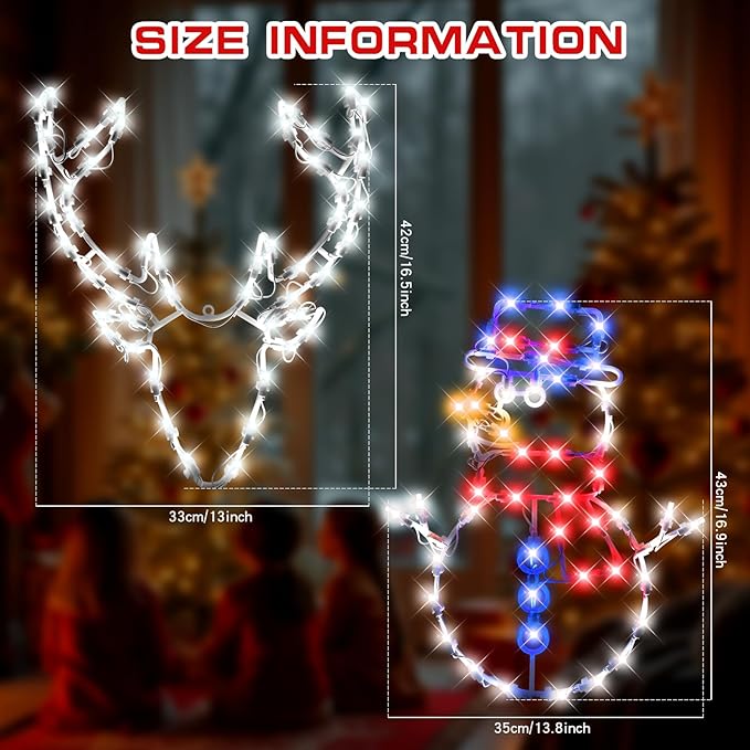 Christmas Window Silhouette LED Lights Decorations 16", Pack of 2 Sign Lighted Snow Man and deer head 16"Plug-in Christmas Window Lights with 50 Bulbs for Holiday Indoor Wall Door Glass Decor