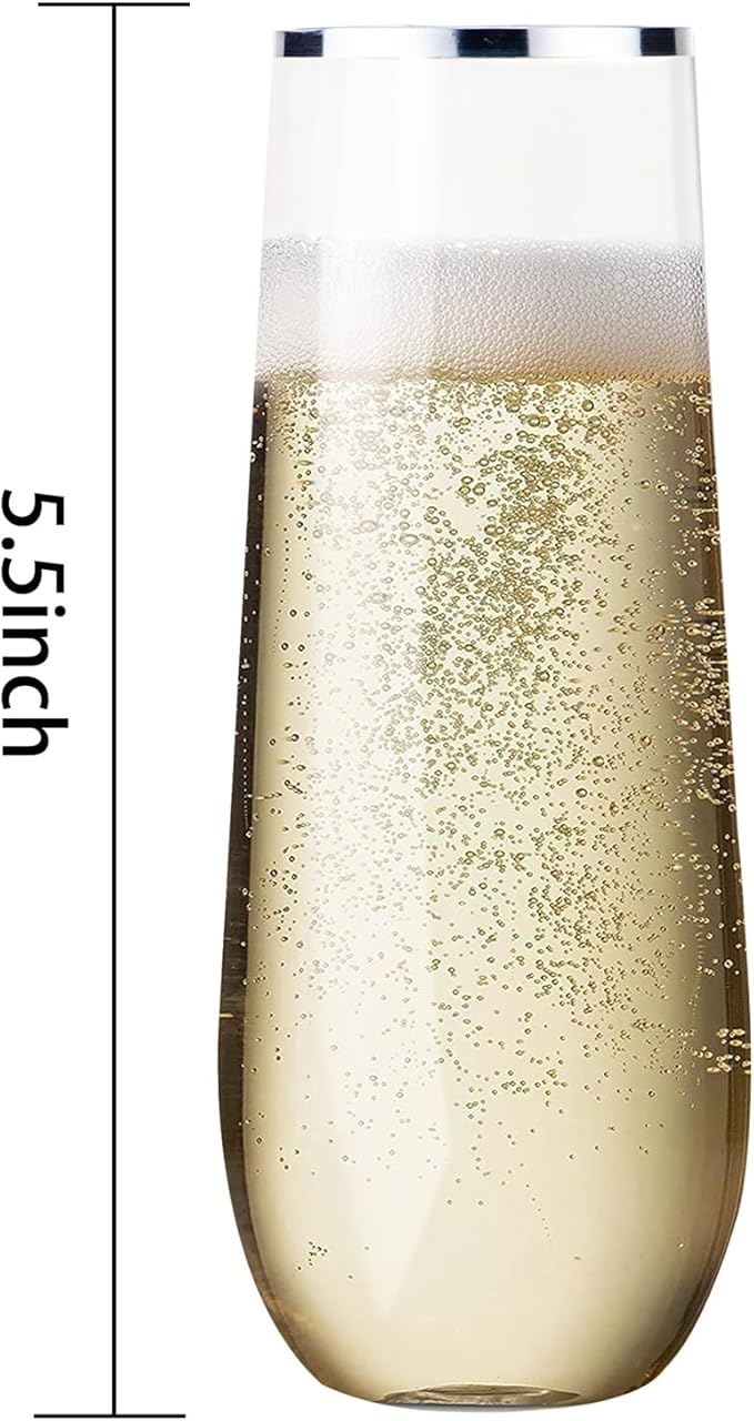 SUT 36 PCS Shatterproof Plastic Champagne Flutes, 9 Oz Clear Disposable Toasting Glasses with Silver Rim for Weddings, Parties, Mimosa & Cocktails(36 Pack)