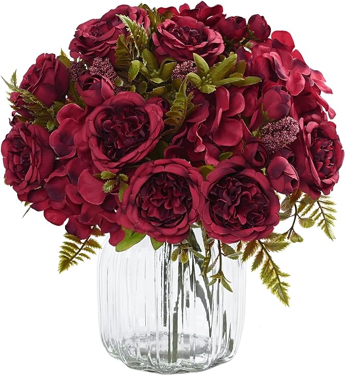 MARTINE MALL 4 Packs Peonies Artificial Flowers, Burgundy Artificial Peonies, Silk Peonies Flowers Fake Peonies Artificial Flowers Peonies Bouquet for Halloween Centerpiece Table Wedding Home Decor