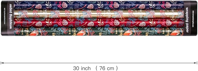 WRAPAHOLIC 30 Inch Christmas Wrapping Paper Roll - Jumbo Roll Red, Green, Gold Bird, Christmas Garland, Holly and Pinecones with Metallic Foil Shine Design - 4 Rolls - 30 Inch x 120 Inch Per Roll