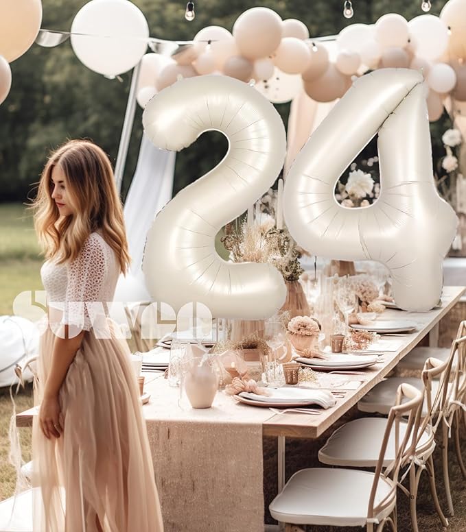 SUWEN 40 Inch Large Cream White 24 Number Balloons Big Foil Helium Number Balloons 0-9 Jumbo Happy 24th Mylar Birthday Party Decorations for Women or Men 42 Anniversary Party Supplies