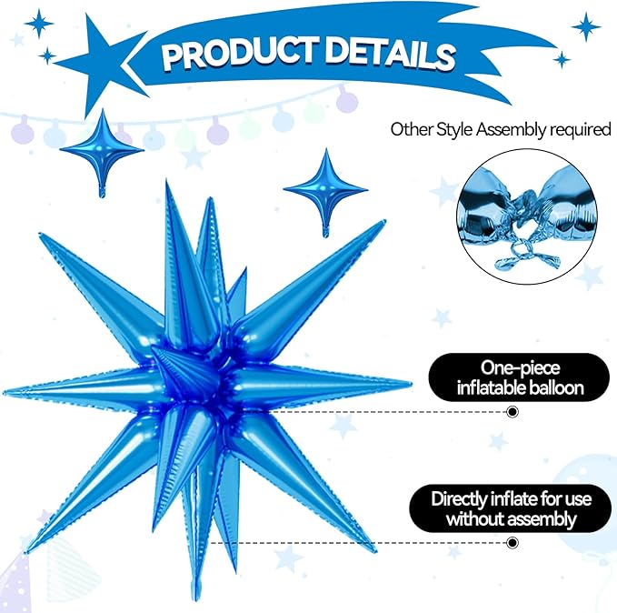 18 Pcs Black Blue Star Balloons, Silver Blue Black Balloon with 6 Pcs 22-Inch Explosion Star Balloons 12Pcs 10-Inch Four Pointed Stars Foil Balloon for Boys Baby Shower Birthday Party Decoration