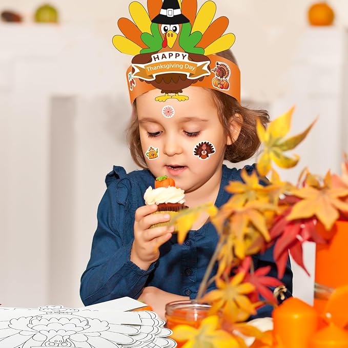 24 Sets Thanksgiving Turkey Craft Kits Fall Thanksgiving Ornaments Decorations Art Sets DIY Autumn Make a Turkey Crafts Stickers Arts and Crafts for Toddler Party Classroom Activities (Hat1)