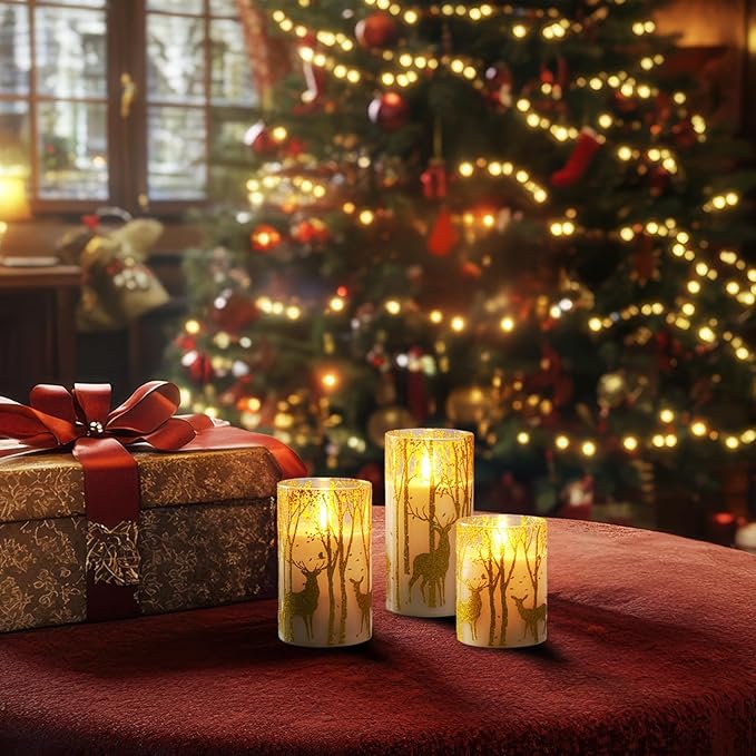 Homemory Christmas Flickering Flameless Candles with Remote Timer, Gold Deer Battery Operated Candles, Glass Real Wax LED Pillar Candles for Home Holiday Decor, Set of 3