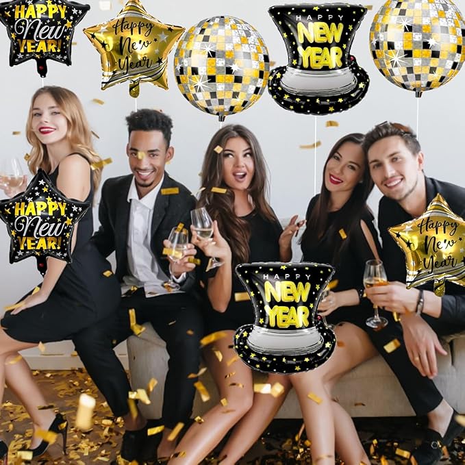 7pcs 22 Inch Happy New Year Balloons, Disco Ball Balloons And Star Foil Balloon For 2026 New Years Eve Party Supplies