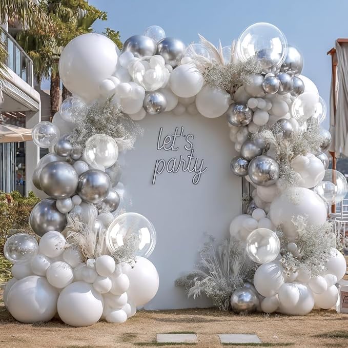 White Silver Balloon Garland Double Stuffed Clear Bobo White Pearl Balloon Arch Kit with Foil Balloons for Christmas New Year Birthday Wedding Baby Shower Anniversary Party Decorations