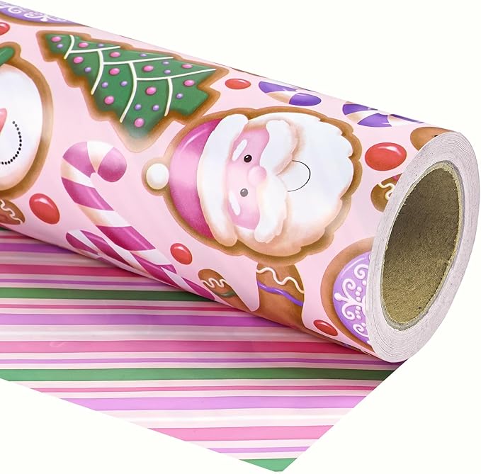 WRAPAHOLIC 30 Inch Jumbo Reversible Gingerbread Christmas Wrapping Paper - 30 Inch x 33 Feet - Pink Purple Stripes and Gingerbread Wrapping Paper for Xmas Holiday, Party Celebration
