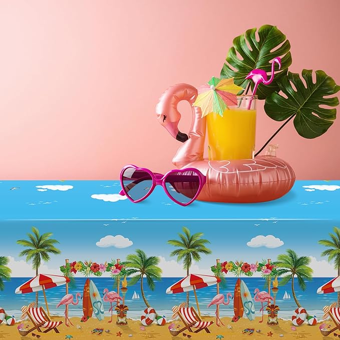 6 Pack Summer Beach Plastic Tablecloth Party Decorations, Disposable Aloha Luau Hawaiian Tablecloth, Flamingo Surfboard Table Cover for Summer Beach Pool Hawaiian Theme Party Decorations, 54 x 108Inch