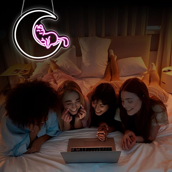 Neon Sign, HSJNJKFU Moon Cat Neon Signs for Wall Decor White Pink LED Cat Signs for Man Cave Room Home Party Birthday Beer Signs - Neon Light USB Powered