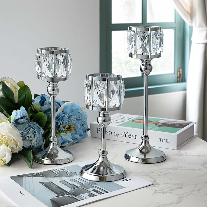 Set of 3 Cup Crystal Tealight Candle Holders, Centerpieces for Table Wedding Centerpieces Crystal Decorative Tealight Candle Dining Table Candle Holder Decor for Party (Set of 12 (3 Sizes), Silver)