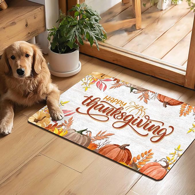 Fall Welcome Maple Leafs Decorative Door Mat, Autumn Thanksgiving Doormat for Indoor Outdoor Entrance Floor Mats,Fall Pumpkins Non Slip Harvest Vintage Decor Rubber Welcome Mats 16" x 24" Inch