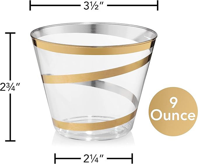 Perfect Settings 110 Gold Swirl Clear Plastic Cups 9 Ounce - Holiday Wedding Party Elegant Trimmed Disposable Cups - Fancy Wedding Cups
