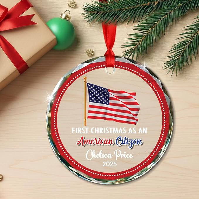 Personalized First Christmas As an American Citizen Ornament 2025, Custom Year & Name New American Citizen Glass Xmas Ornaments Gift, New US Keepsake Ornament for US Citizenship Immigrant Congrats