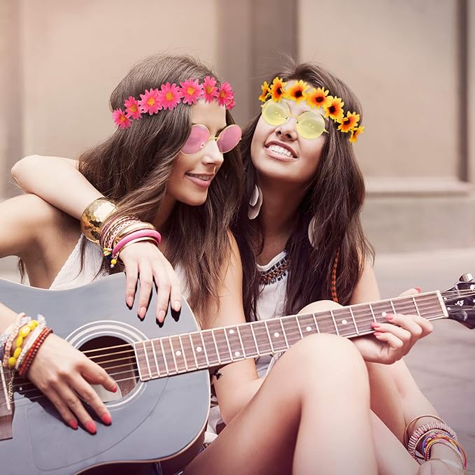 Wrestler 12 Pcs Hippie Costume Set for Women Includes 6 Multicolor Lady Daisy Flower Crown 6 Round Sunglasses for Disco