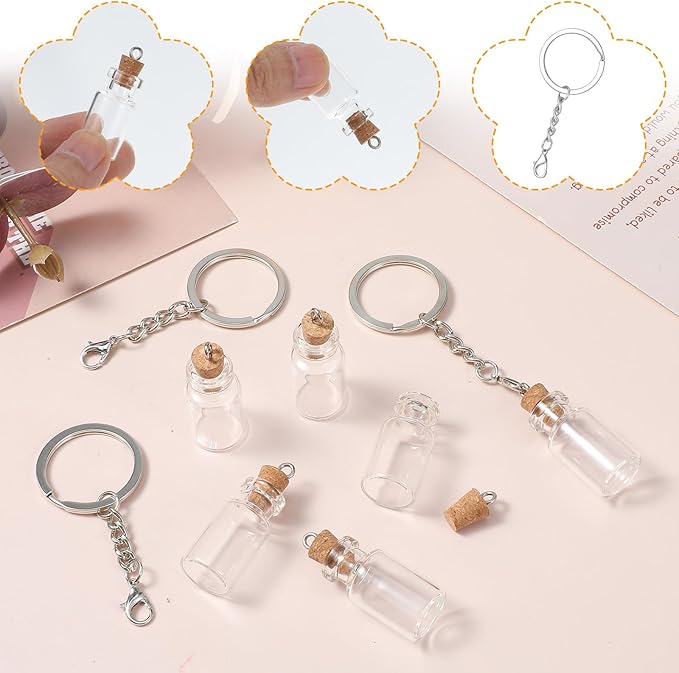 10 Pcs Mini Bottles with Cork, 2ml Tiny Jars with Lids and Keychains Empty Spell Jars Glass Wishing Bottles for DIY Crafts Wedding Halloween Chrismas Hanging Ornaments