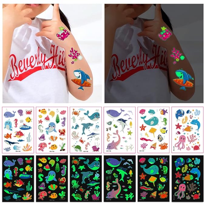 Luminous Temporary Tattoos for Kids - 130Pcs Marine Animal Glow Tattoos Stickers,Ocean Theme Glow In The Dark Tattoos for Boys and Girls,Face Makeup Fake Tattoo,Holiday Party Favors Gifts for child