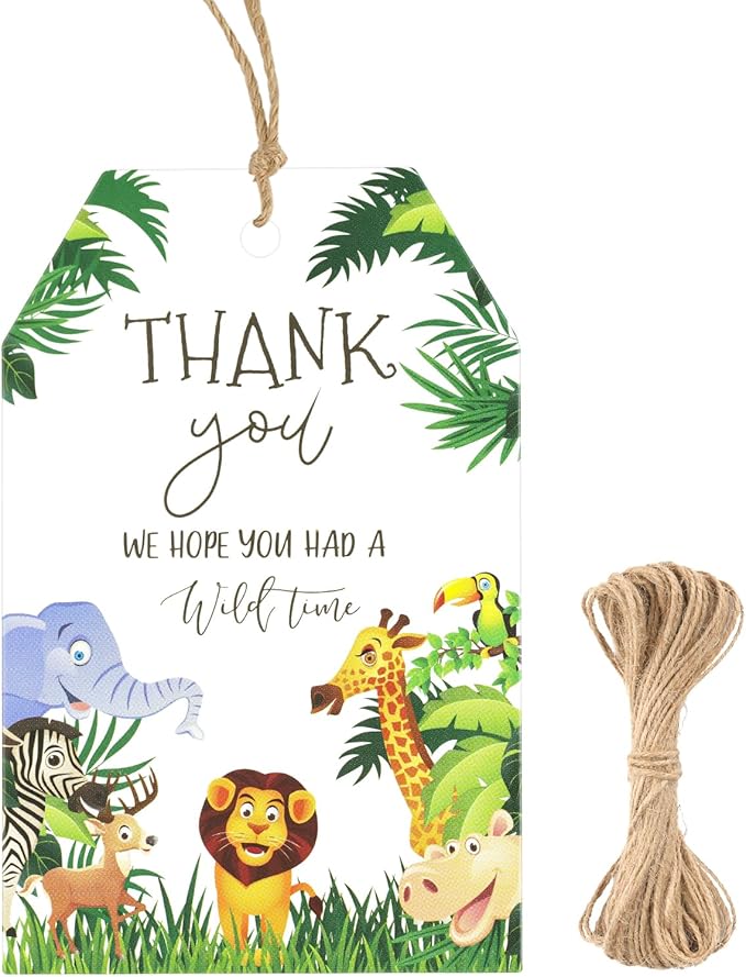 G2PLUS Jungle Safari Thank You Tags, 50PCS Animal Thank You Paper Tags, Wild Animals Thank You Gift Tag with String for Jungle Safari Birthday, Engagement, Baby Shower Party Favors (Green)
