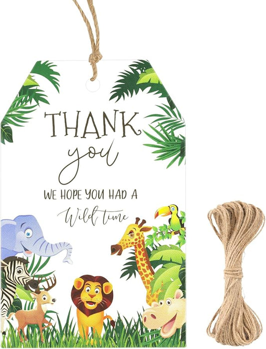G2PLUS Jungle Safari Thank You Tags, 50PCS Animal Thank You Paper Tags, Wild Animals Thank You Gift Tag with String for Jungle Safari Birthday, Engagement, Baby Shower Party Favors (Green)