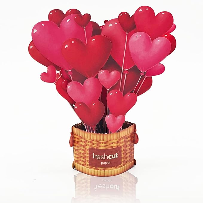 Freshcut Paper Pop Up Cards, Mini Heart Balloons, 6 Inch Mini Sized 3D Popup Greeting Cards, Valentine's Day, Anniversary Card, Blank Notecard & Envelope