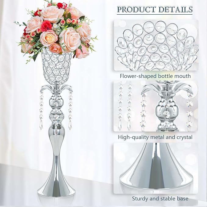 6Pcs Silver Crystal Metal Vase Set - Tulip & Trumpet Wedding Centerpieces, Artificial Flower Arrangement Vases Bulk for Home Decor, Restaurant Table Displays