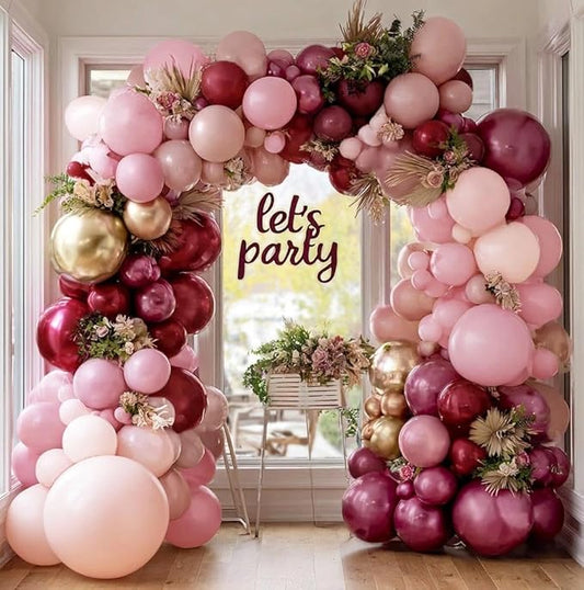 Burgundy Pink Balloon Garland Double Stuffed Pastel Light Pink Gold Mauve Balloons Maroon Lavender Latex Plum Balloon Arch Kit for Women's Birthday Wedding Baby Shower Decoration
