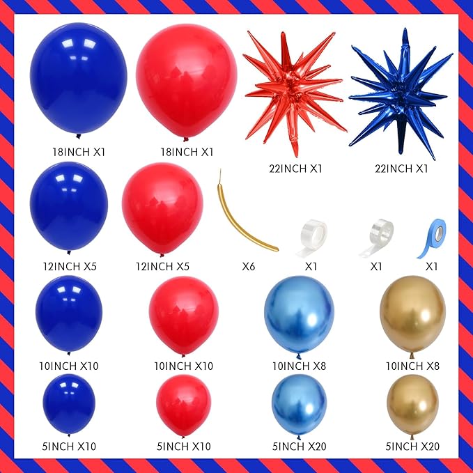 Red Blue Gold Balloons Arch Royal Blue Red Gold Balloons Garland Metallic Blue Gold Latex Balloons with Explosion Star Foil Balloon Gold Long Balloons for Birthday Party Decorations Carnival Circus