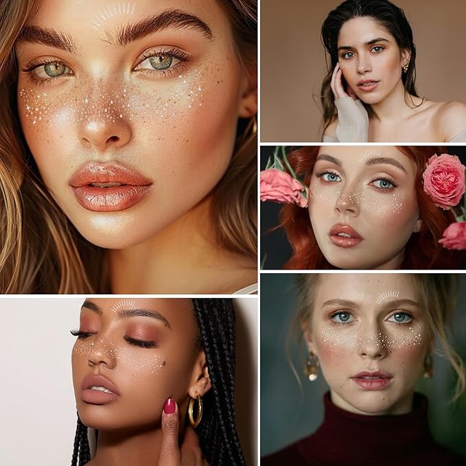 Glitter Freckles Face Tattoo, 10PCS Silver Glitter Freckles, 2 Styles Body Face Glitter for Women Girls, Cute Star Waterproof Glitter Makeup Patches, Country Concerts Singer Festival Rave Accessories