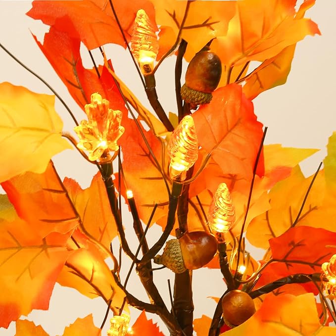 Joyhalo 2 Pack 23.5 Inch Fall Trees with Lights, Timer Battery Operated Fall Light Up Tree for Thanksgiving Autumn Home Office Room Indoor Decorations, Faux Fall Lighted Maple Trees Decor