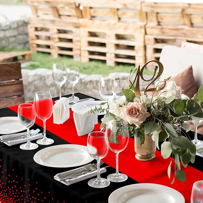 MASHAN 1Pcs Black and Red Tablecloth Party Decorations,Plastic Black Table Cloth Printed Red Table Runner Disposable Rectangle Cover for Birthday Weeding Anniversary Graduation Party,54 x108 Inch