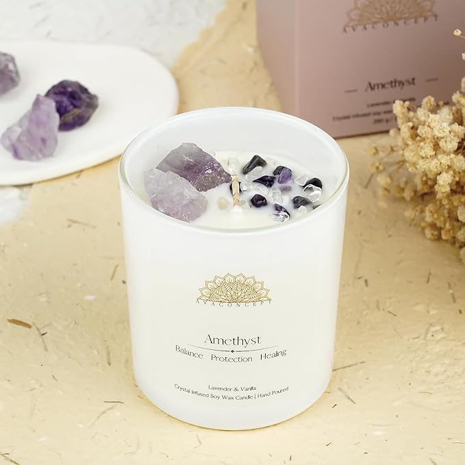 Healing Crystal Candle, Scented Candle Infused Amethyst and Clear Quartz Crystals, Lavender & Vanilla Scented,Positivity Energy Wellness, Gift for Women Aromatherapy Clean Vegan 10Oz Jar