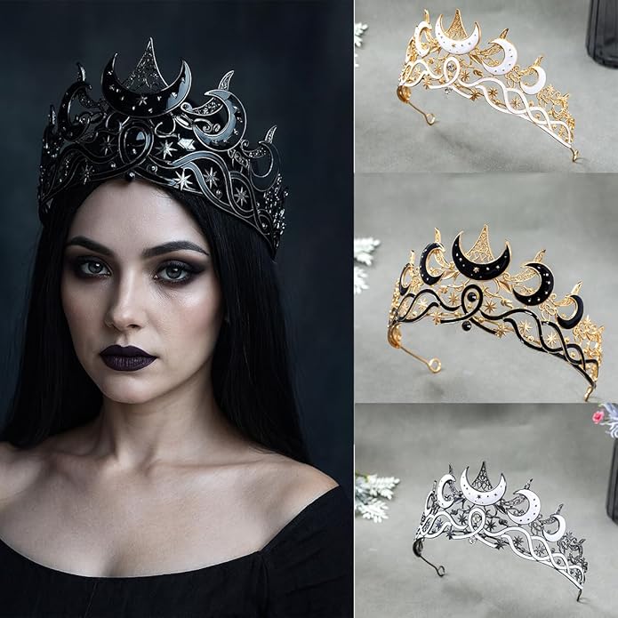 Gothic Black Moon Star Tiara Crown for Women Girls, Retro Celestial Witch Headpiece with Crescent Moon and Stars, Costume Cosplay Halloween Party Prom Wedding Birthday Accessories