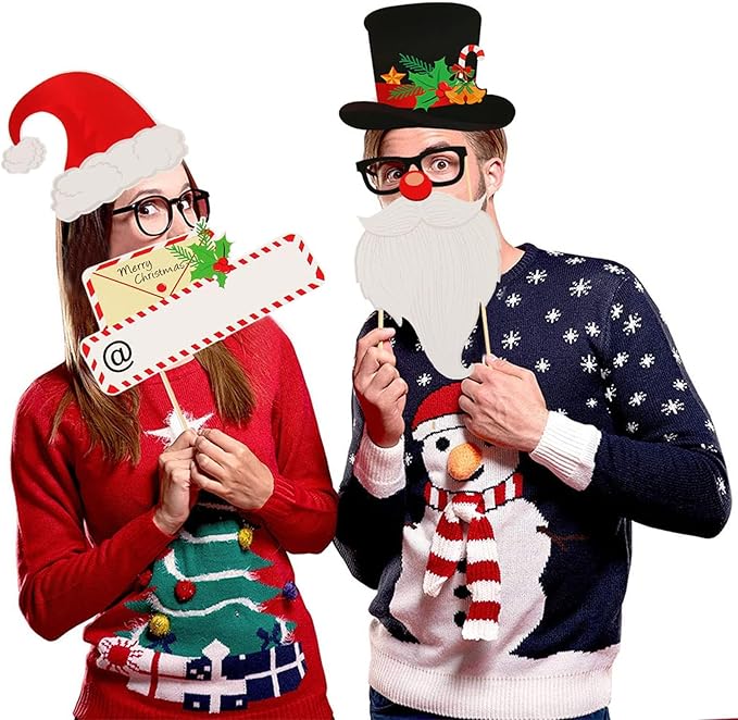 SUNBEAUTY 28 PCS Christmas Photo Booth Props Christmas Party Supplies Selfie Holiday Photo Booth Props Perfect for Family Gatherings, Parties & Holiday Events